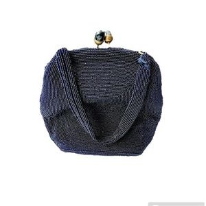 🥳 5/$25 VTG Neiman Marcus Black Seed Beaded Purse Handbag Evening Satin Lining